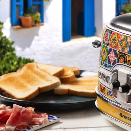 Prăjitor de pâine Ariete Positano 0156/0P, 1600W, 4 felii, 3 funcții, 6 trepte, Tavă mobilă pentru firimituri, Alb/galben