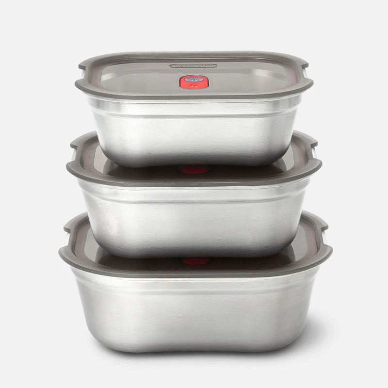 Set de 3 Black+Blum Meal Prep FBSS-BX-PACK1, 0.6/0.9/1.2 l, dreptunghiular, rezistent la cuptor, fără BPA, oțel inoxidabil, gri