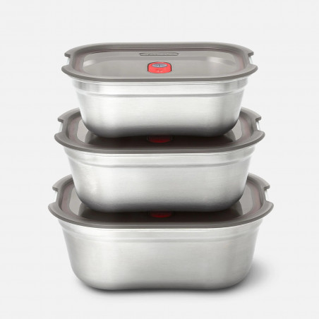 Set de 3 Black+Blum Meal Prep FBSS-BX-PACK1, 0.6/0.9/1.2 l, dreptunghiular, rezistent la cuptor, fără BPA, oțel inoxidabil, gri