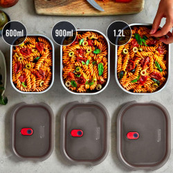Set de 3 Black+Blum Meal Prep FBSS-BX-PACK1, 0.6/0.9/1.2 l, dreptunghiular, rezistent la cuptor, fără BPA, oțel inoxidabil, gri
