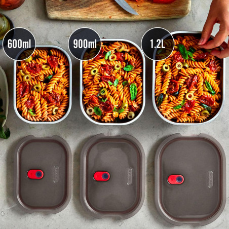 Set de 3 Black+Blum Meal Prep FBSS-BX-PACK1, 0.6/0.9/1.2 l, dreptunghiular, rezistent la cuptor, fără BPA, oțel inoxidabil, gri