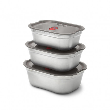 Set de 3 Black+Blum Meal Prep FBSS-BX-PACK1, 0.6/0.9/1.2 l, dreptunghiular, rezistent la cuptor, fără BPA, oțel inoxidabil, gri