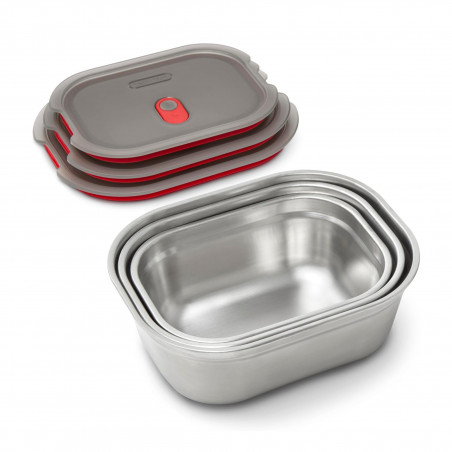 Set de 3 Black+Blum Meal Prep FBSS-BX-PACK1, 0.6/0.9/1.2 l, dreptunghiular, rezistent la cuptor, fără BPA, oțel inoxidabil, gri