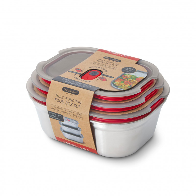 Set de 3 Black+Blum Meal Prep FBSS-BX-PACK1, 0.6/0.9/1.2 l, dreptunghiular, rezistent la cuptor, fără BPA, oțel inoxidabil, gri