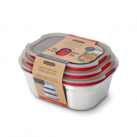 Set de 3 Black+Blum Meal Prep FBSS-BX-PACK1, 0.6/0.9/1.2 l, dreptunghiular, rezistent la cuptor, fără BPA, oțel inoxidabil, gri