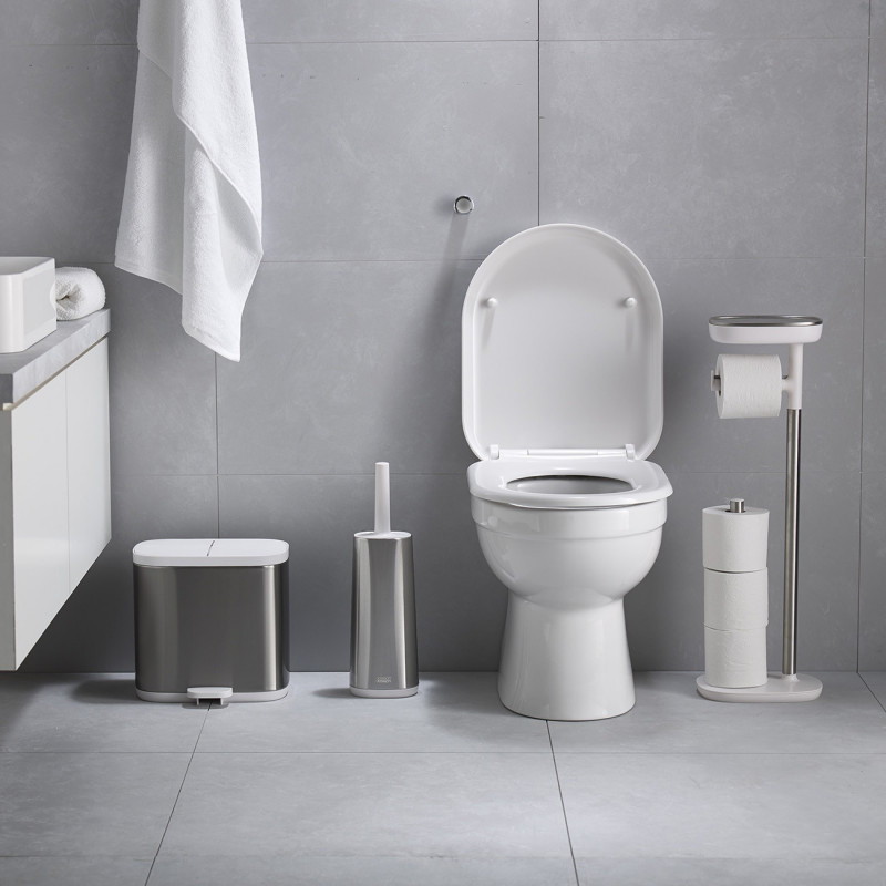 Perie de toaleta Joseph Joseph Flex 70517, Cap flexibil in forma de D, Otel inoxidabil, Alb/Inox