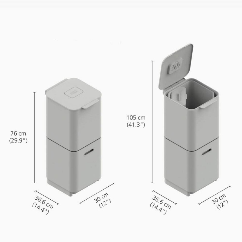 Cos de gunoi 3in1 pentru reciclare si organic Joseph Joseph Totem Compact 30064, 2x20 L, Recipient pentru deseuri 3 L, Design vertical, Filtre carbune activ, Bej