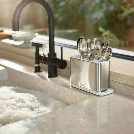 Suport pentru ustensile cu scurgere Joseph Joseph 851694, 3 compartimente, Bază antiderapantă, Detașabil, Inox/alb