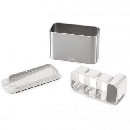 Suport pentru ustensile cu scurgere Joseph Joseph 851694, 3 compartimente, Bază antiderapantă, Detașabil, Inox/alb
