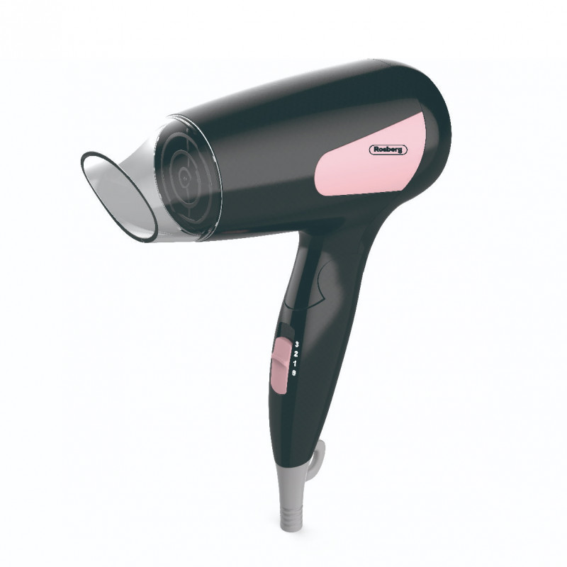 Uscator de par calatorie Rosberg R51100N, 1200W, Maner pliabil, 3 setari de temperatura, Negru/Roz