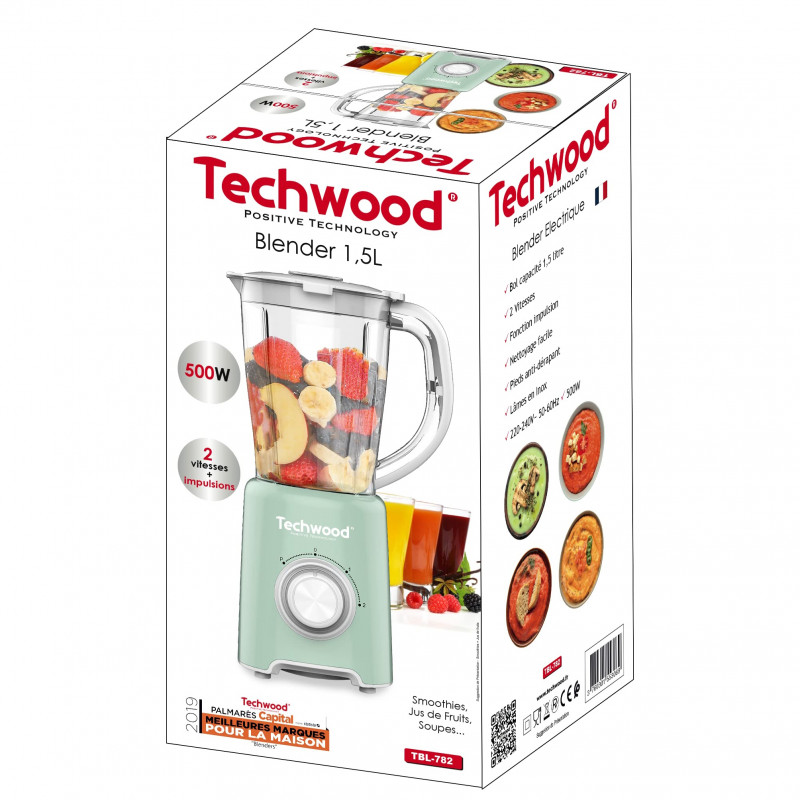 Blender Techwood TBL-782, 500W, 1.5 litri, 2 viteze + impuls, Cutite otel, Verde deschis
