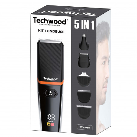 Trimmer 5in1 Techwood TTN-038, 90 min, 6 atasamente, 5 capete, Afisaj LED, USB-Type C, Negru