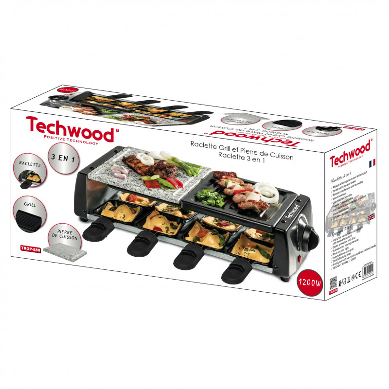 Gratar raclette Techwood TRGP-896, 1200W, Termostat, 8 mini raclette, Protectie dubla, Negru