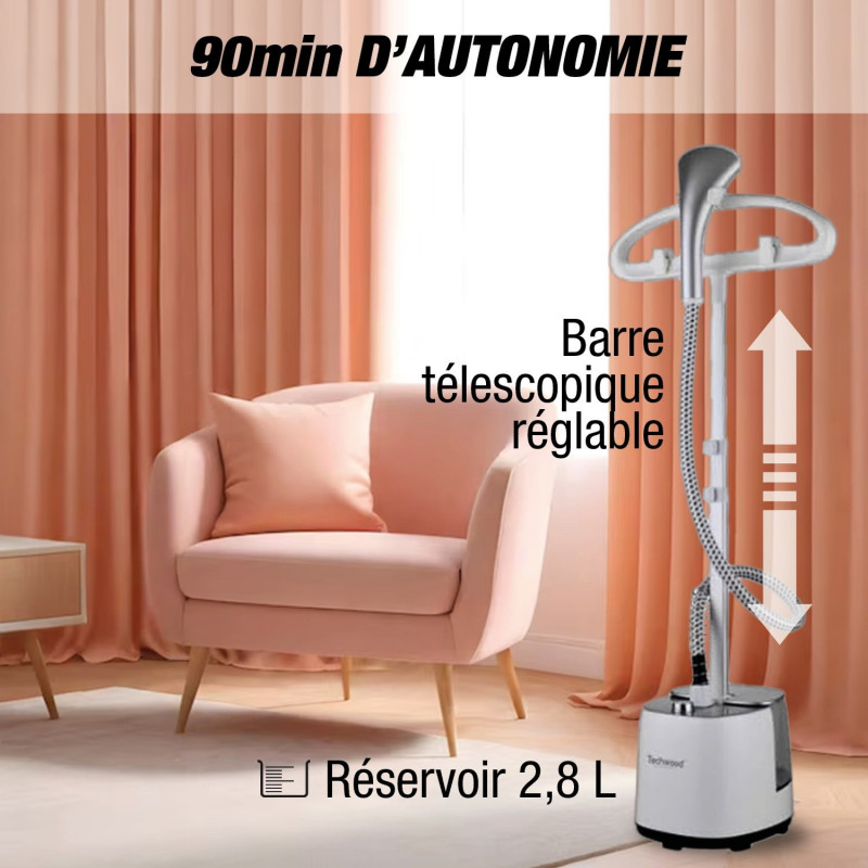 Aparat de calcat cu aburi Techwood TDV-2006, 2000W, 2.8 l, 30 g/min, 90 min, Protectie termica, 2 setari, Alb