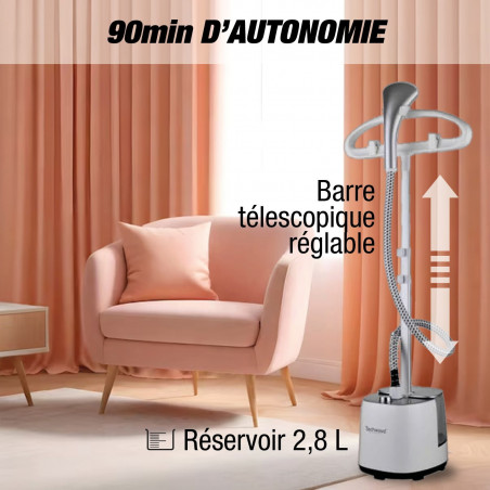 Aparat de calcat cu aburi Techwood TDV-2006, 2000W, 2.8 l, 30 g/min, 90 min, Protectie termica, 2 setari, Alb