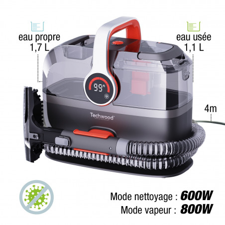 Aparat multifunctional cu aburi si aspirator Techwood TAN-7055V, 600/800W, Rezervor de apa curata si reziduala, 3 moduri, Afisaj digital, Gri/Portocaliu