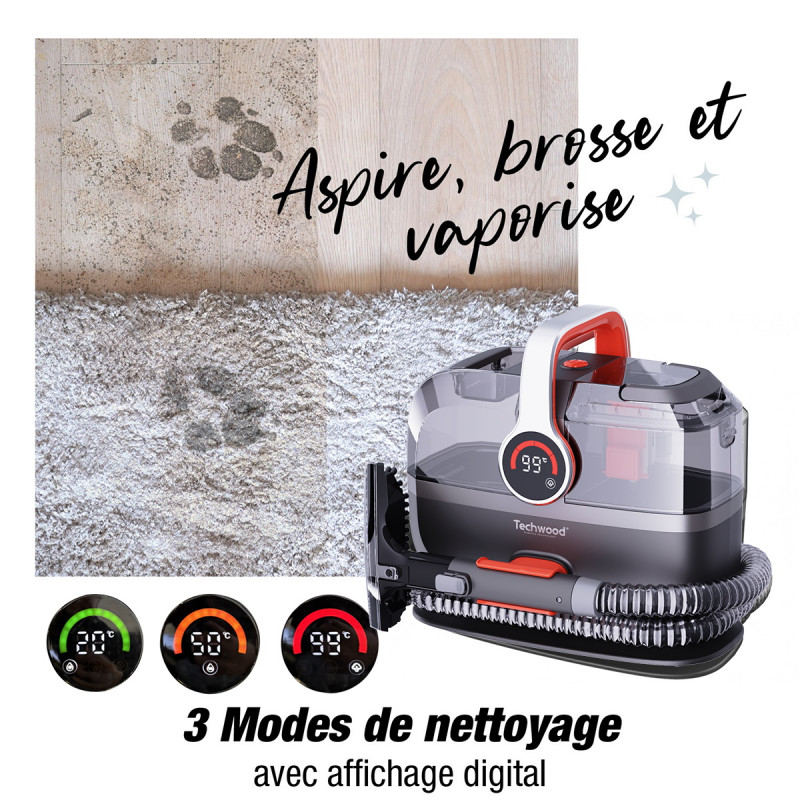 Aparat multifunctional cu aburi si aspirator Techwood TAN-7055V, 600/800W, Rezervor de apa curata si reziduala, 3 moduri, Afisaj digital, Gri/Portocaliu