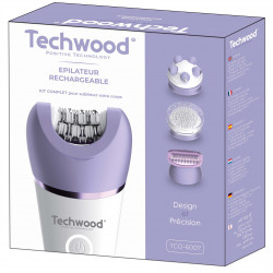 Epilator Techwood TCO-6007, 2 viteze, Lumina LED, 2 ore autonomie, Masaj, Exfoliere, USB-C, IPX7, Alb/Violet