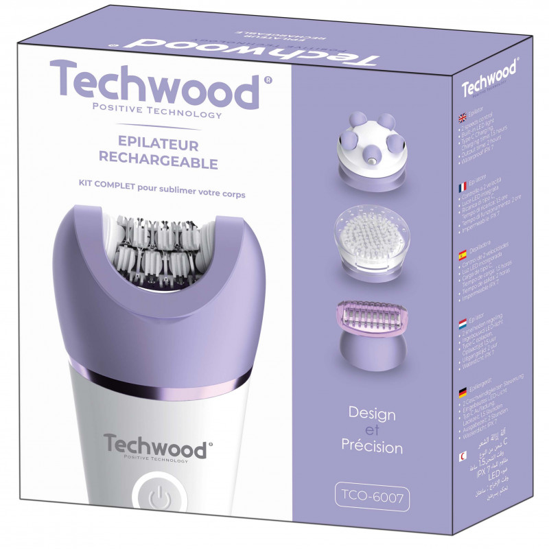 Epilator Techwood TCO-6007, 2 viteze, Lumina LED, 2 ore autonomie, Masaj, Exfoliere, USB-C, IPX7, Alb/Violet