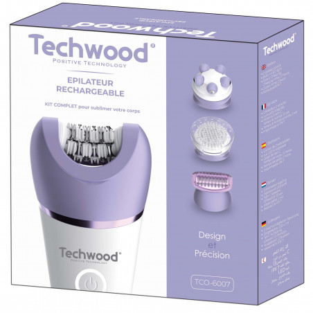 Epilator Techwood TCO-6007, 2 viteze, Lumina LED, 2 ore autonomie, Masaj, Exfoliere, USB-C, IPX7, Alb/Violet