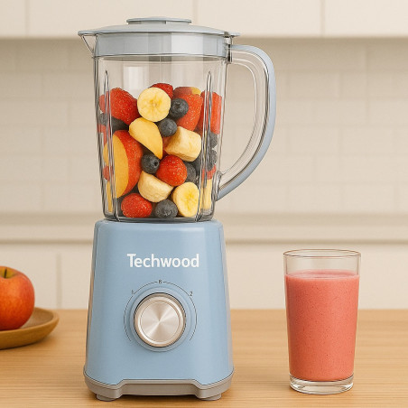 Blender Techwood TBL-784, 500W, 1.5 l, 2 viteze + impuls, Lame din otel, Albastru deschis