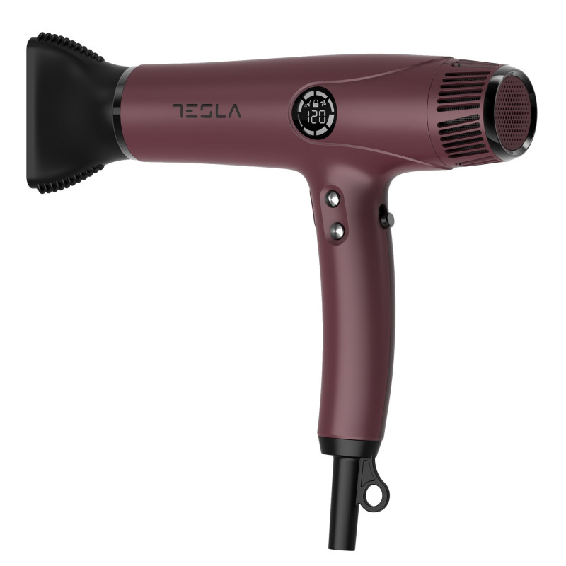 Uscator pentru par Tesla DRH500BBD, 2200W, 68000 rpm, 4 viteze, 4 setari de temperatura, Pana la 120°C, Ionizare, Jet rece, Afisaj LED, Bordeaux