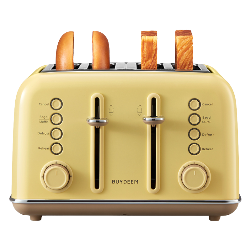 Prajitor de paine BUYDEEM DT640E, 1800W, 4 felii, 7 programe automate, 7 trepte de prajire, Indicatori LED, Tava firimituri, Pop-up inalt, Galben
