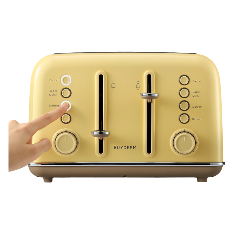 Prajitor de paine BUYDEEM DT640E, 1800W, 4 felii, 7 programe automate, 7 trepte de prajire, Indicatori LED, Tava firimituri, Pop-up inalt, Galben