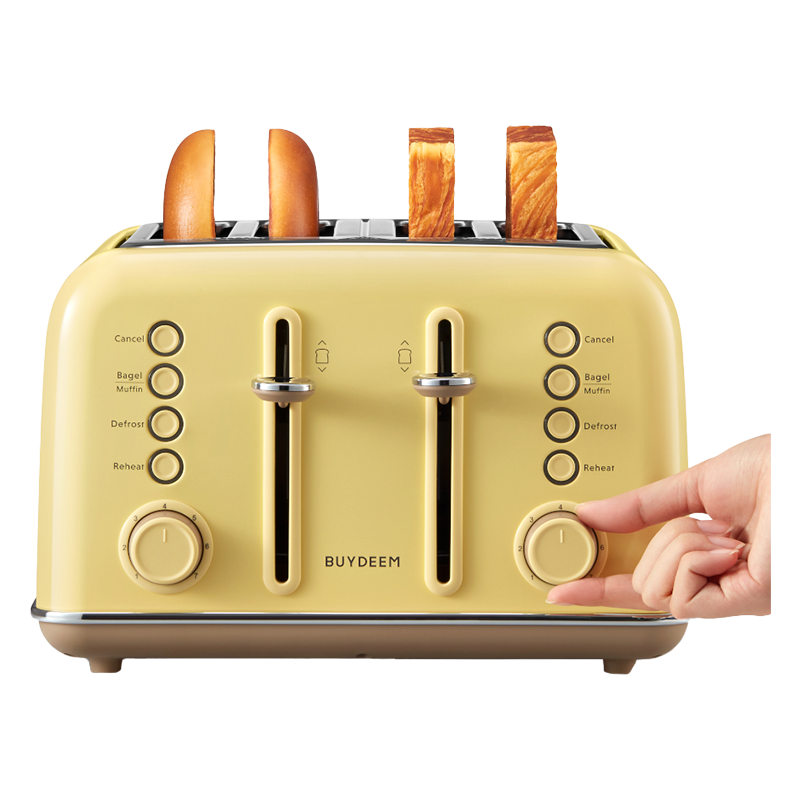 Prajitor de paine BUYDEEM DT640E, 1800W, 4 felii, 7 programe automate, 7 trepte de prajire, Indicatori LED, Tava firimituri, Pop-up inalt, Galben