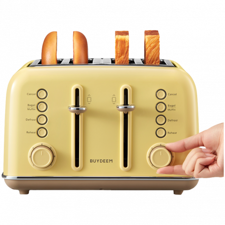 Prajitor de paine BUYDEEM DT640E, 1800W, 4 felii, 7 programe automate, 7 trepte de prajire, Indicatori LED, Tava firimituri, Pop-up inalt, Galben