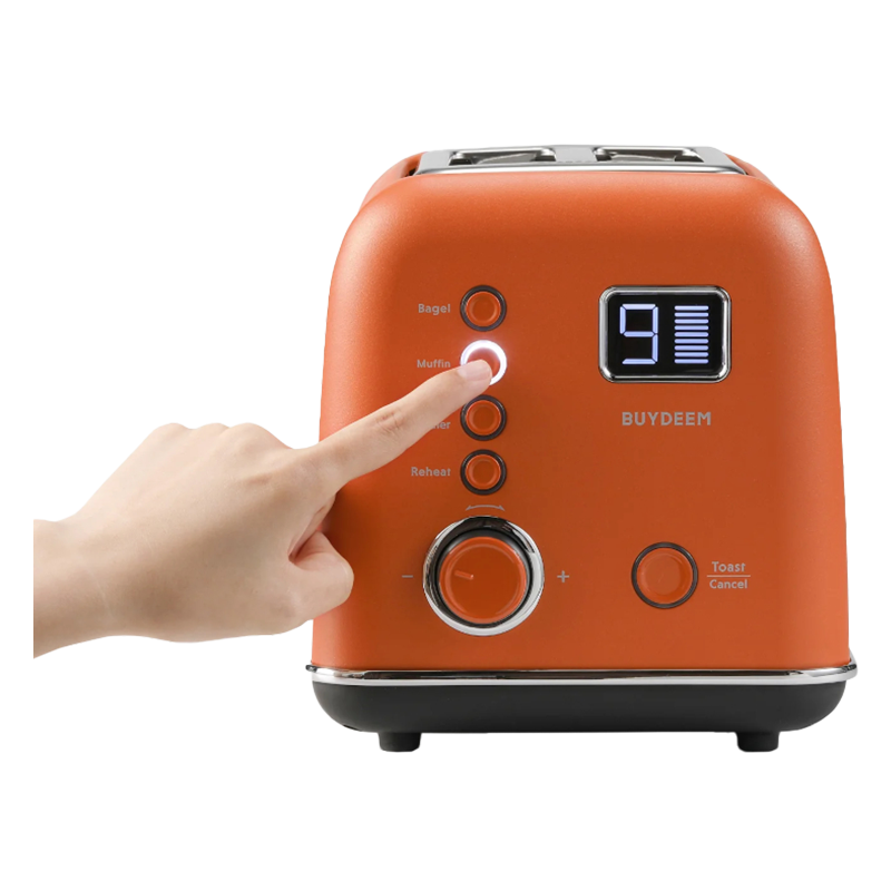 Prajitor de paine BUYDEEM DT730E, 900W, 2 felii, 9 programe automate, 9 treptede prajire, Carcasa din otel inoxidabil, Afisaj LCD, Indicatori LED, Auto-centrare, Timer, Portocaliu