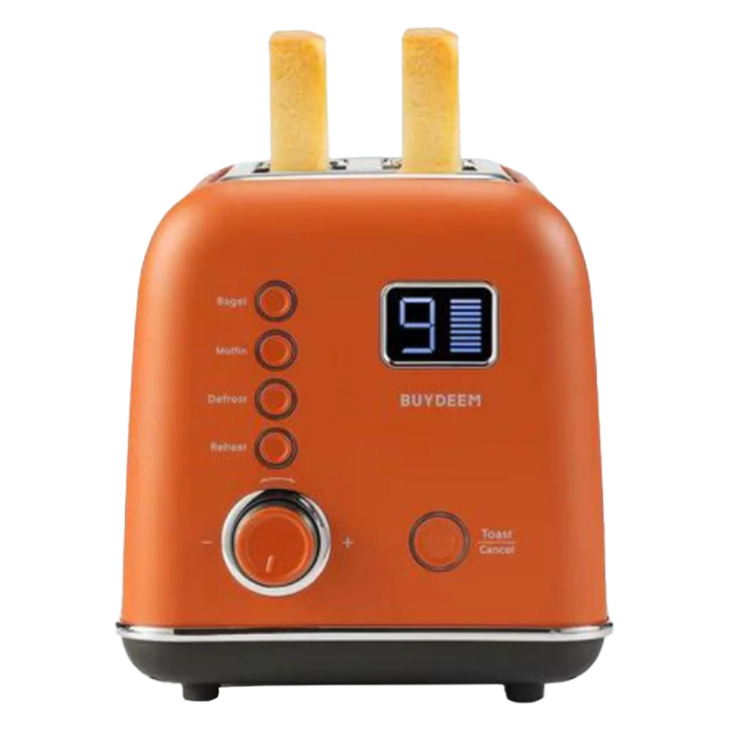 Prajitor de paine BUYDEEM DT730E, 900W, 2 felii, 9 programe automate, 9 treptede prajire, Carcasa din otel inoxidabil, Afisaj LCD, Indicatori LED, Auto-centrare, Timer, Portocaliu