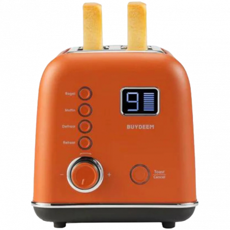 Prajitor de paine BUYDEEM DT730E, 900W, 2 felii, 9 programe automate, 9 treptede prajire, Carcasa din otel inoxidabil, Afisaj LCD, Indicatori LED, Auto-centrare, Timer, Portocaliu