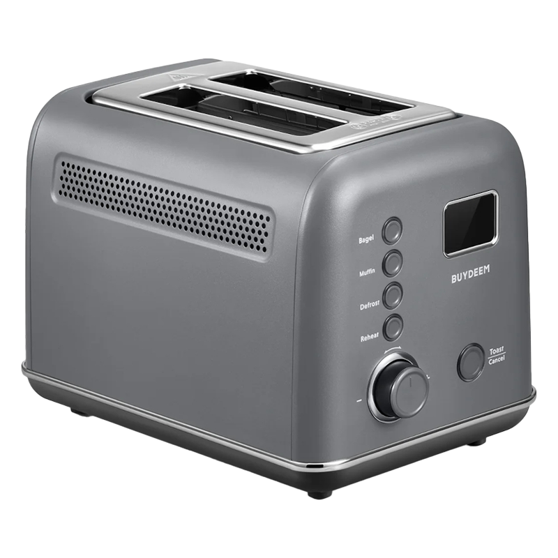 Prajitor de paine BUYDEEM DT730E, 900W, 2 felii, 9 programe automate, 9 treptede prajire, Carcasa din otel inoxidabil, Afisaj LCD, Indicatori LED, Auto-centrare, Timer, Gri