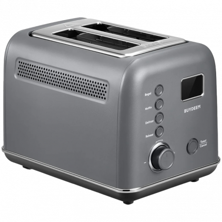 Prajitor de paine BUYDEEM DT730E, 900W, 2 felii, 9 programe automate, 9 treptede prajire, Carcasa din otel inoxidabil, Afisaj LCD, Indicatori LED, Auto-centrare, Timer, Gri