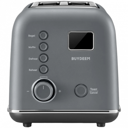 Prajitor de paine BUYDEEM DT730E, 900W, 2 felii, 9 programe automate, 9 treptede prajire, Carcasa din otel inoxidabil, Afisaj LCD, Indicatori LED, Auto-centrare, Timer, Gri