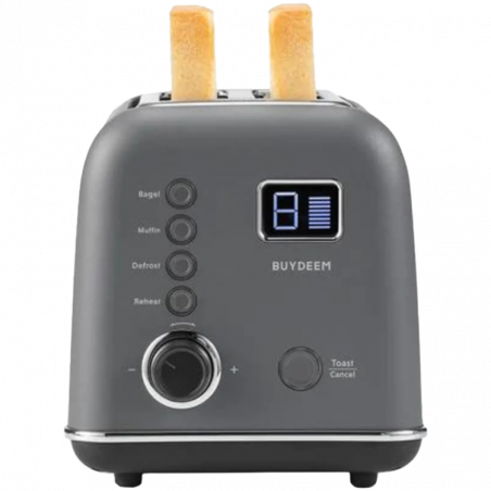 Prajitor de paine BUYDEEM DT730E, 900W, 2 felii, 9 programe automate, 9 treptede prajire, Carcasa din otel inoxidabil, Afisaj LCD, Indicatori LED, Auto-centrare, Timer, Gri