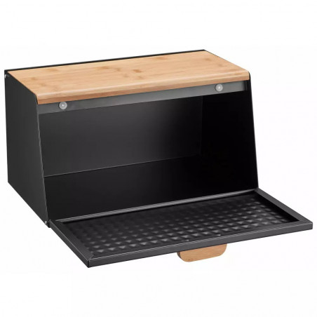 Cutie de pâine Klausberg KB 7467, 35.5 cm, Oțel, Bambus, Capac superior și frontal, Negru
