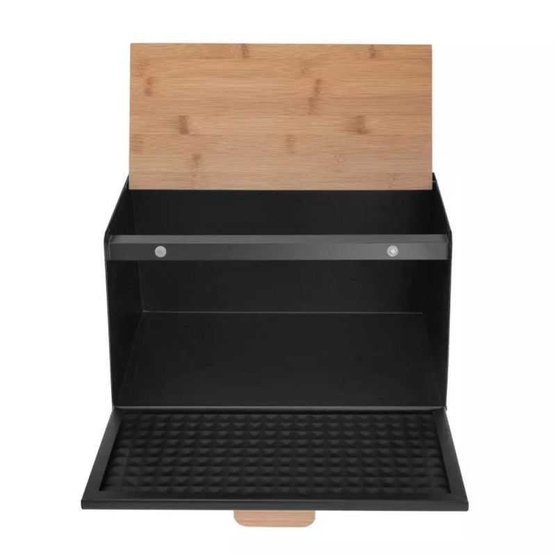 Cutie de pâine Klausberg KB 7467, 35.5 cm, Oțel, Bambus, Capac superior și frontal, Negru