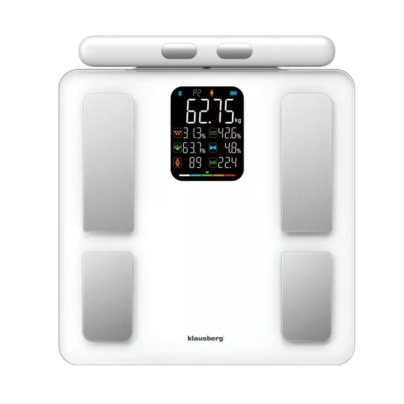 Klausberg KB 7857, Până la 180 kg, Bluetooth, Android/iOS, Afișaj LCD, 14 valori corporale, Alb