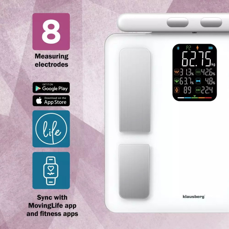 Klausberg KB 7857, Până la 180 kg, Bluetooth, Android/iOS, Afișaj LCD, 14 valori corporale, Alb