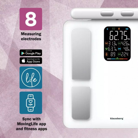 Klausberg KB 7857, Până la 180 kg, Bluetooth, Android/iOS, Afișaj LCD, 14 valori corporale, Alb