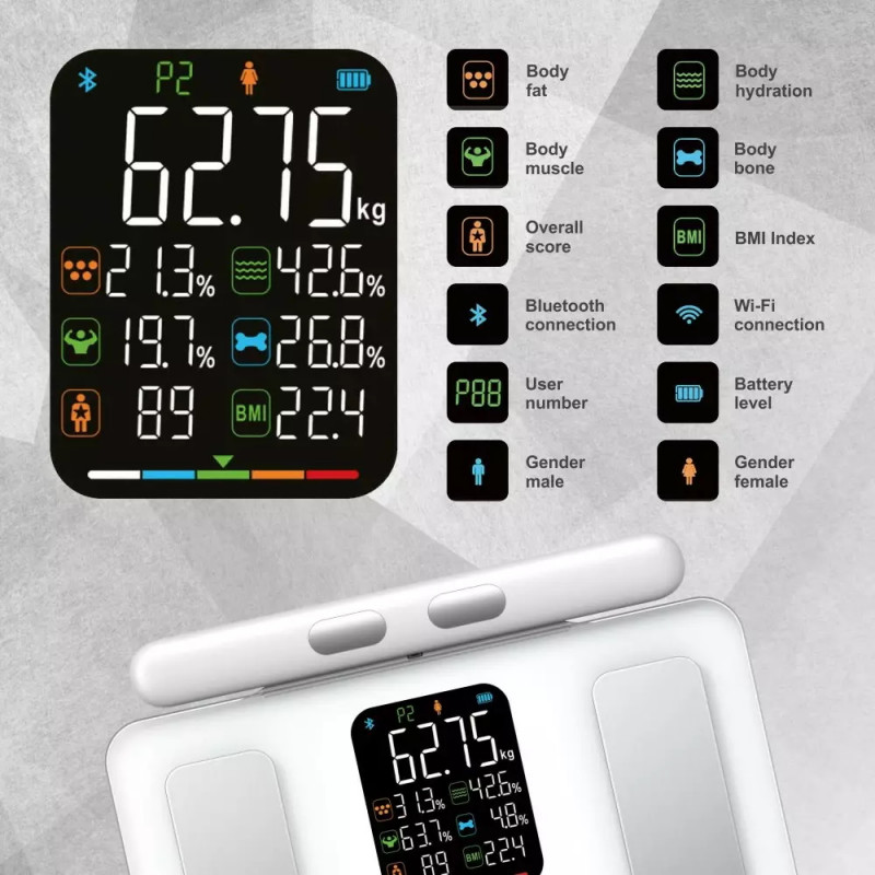 Klausberg KB 7857, Până la 180 kg, Bluetooth, Android/iOS, Afișaj LCD, 14 valori corporale, Alb