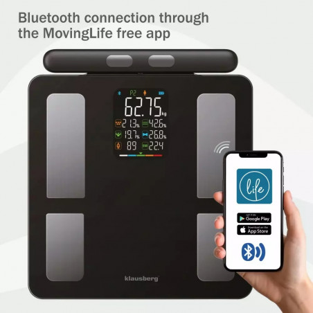 Klausberg KB 7856, Până la 180 kg, Bluetooth, Android/iOS, Ecran LCD, 14 valori corporale, Negru