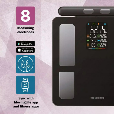 Klausberg KB 7856, Până la 180 kg, Bluetooth, Android/iOS, Ecran LCD, 14 valori corporale, Negru