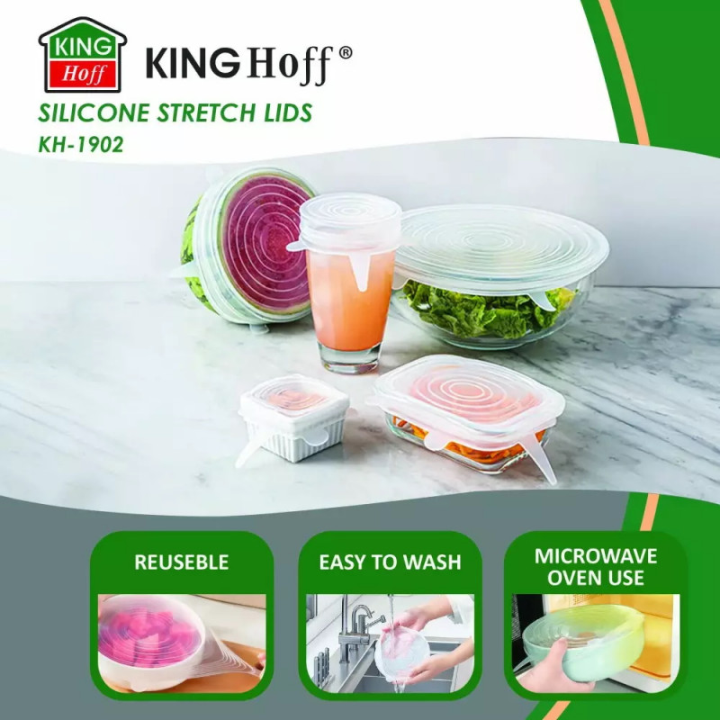 Set de 6 capace din silicon Kinghoff KH 1902, -40 până la 230°C, Potrivire strânsă și etanșă, Reutilizabil, Universal, Transparent