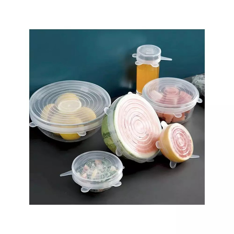 Set de 6 capace din silicon Kinghoff KH 1902, -40 până la 230°C, Potrivire strânsă și etanșă, Reutilizabil, Universal, Transparent