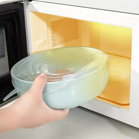 Set de 6 capace din silicon Kinghoff KH 1902, -40 până la 230°C, Potrivire strânsă și etanșă, Reutilizabil, Universal, Transparent