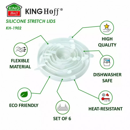 Set de 6 capace din silicon Kinghoff KH 1902, -40 până la 230°C, Potrivire strânsă și etanșă, Reutilizabil, Universal, Transparent