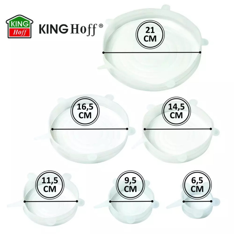 Set de 6 capace din silicon Kinghoff KH 1902, -40 până la 230°C, Potrivire strânsă și etanșă, Reutilizabil, Universal, Transparent